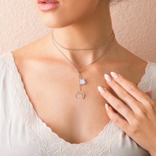 سلسال فضة مطلي ذهب وردي مع حجر القمر الطبيعي بشكله...