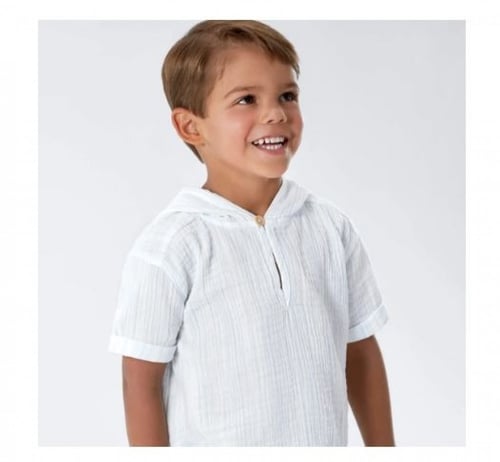 قميص هودي بقماش الشاش ابيض مناسب للجنسين