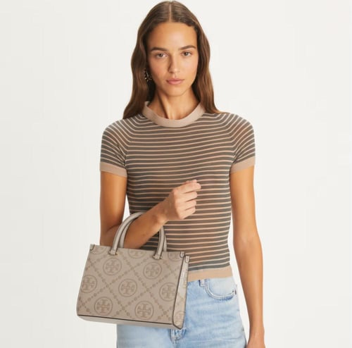 توري بورش T MONOGRAM TOP-HANDLE EMBOSSED TOTE