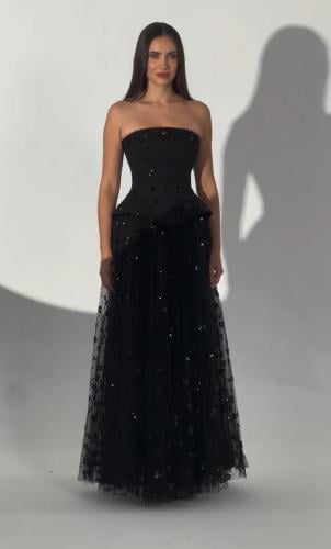 فستان الفابيتا سهرة اسود اوف شولدرز كريب وتل