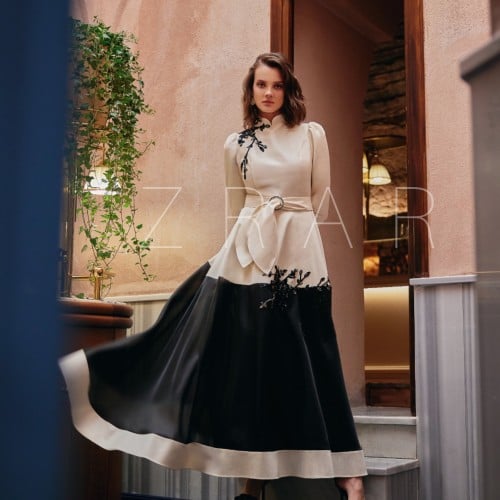 فستان تفته منفوش راقي شانتون و اورقنزا مطرز ومزين...