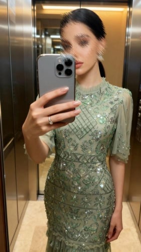 فستان تل طويل اخضر بشك يدوي هندي