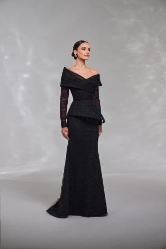 فستان دانتيل اسود طويل بكورسيه