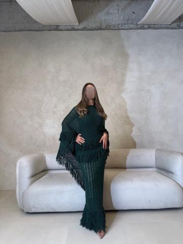 فستان هدب تريكو اخضر قطعتين