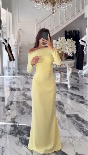 فستان سوليا كريب بكريستال اصفر باستيل