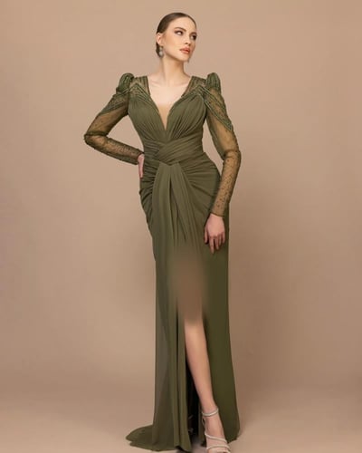 فستان سهره كينزال تل باكمام شك وذيل منسدل