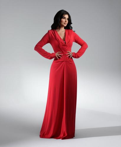 فستان احمر ليكرا سترتش طويل مزموم