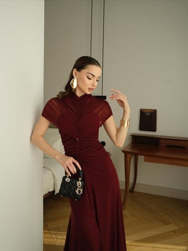 فستان تل برغندي ناعم بزم