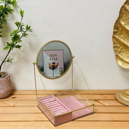 مرايا مع منظم مجوهرات واكسسوارات حديد وحمل ذهبي وز...