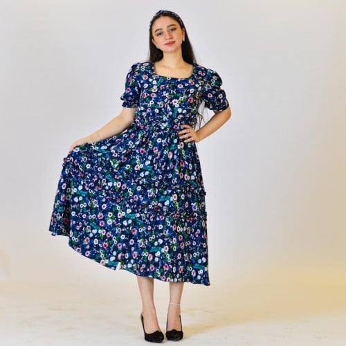 Dress with hair ribbon and mask in navy floral col...