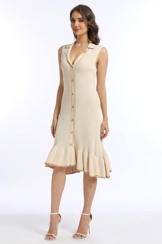 فستان بيج منسوج بقماش صيفي