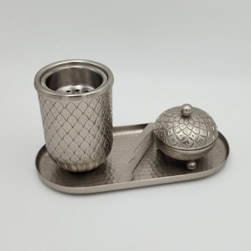 طقم تقديم بخور ستيل فضي مع ملقاط وصينية وعلبة بخور...