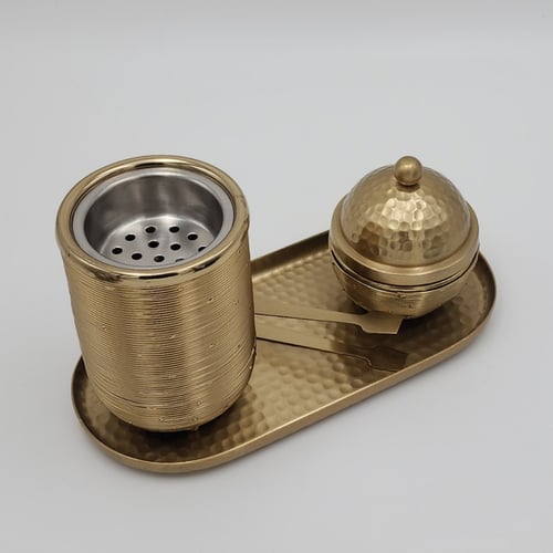 طقم مبخرة وعلبة عود وصينية ستيل ذهبي بتصميم خطوط م...