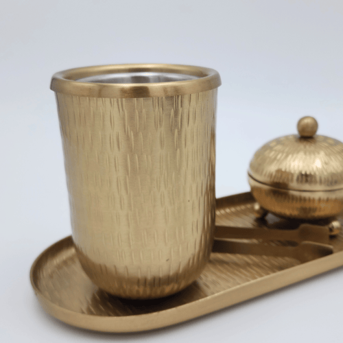 طقم مبخرة وعلبة عود وصينية ستيل ذهبي مع تصميم مودر...