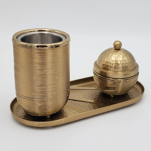 طقم مبخرة وعلبة عود وصينية ستيل ذهبي بتصميم خطوط م...