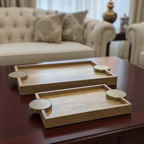 طقم صواني خشبية بمسكات نحاسية محفورة طقم قطعتين