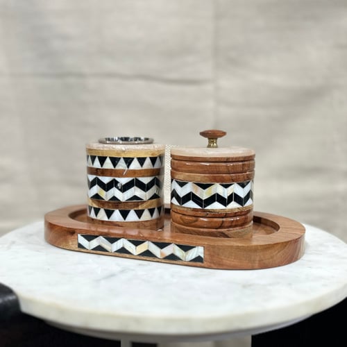 طقم مبخره وعلبه بخور مع صينيه خشب طبيعي وصدف أبيض...