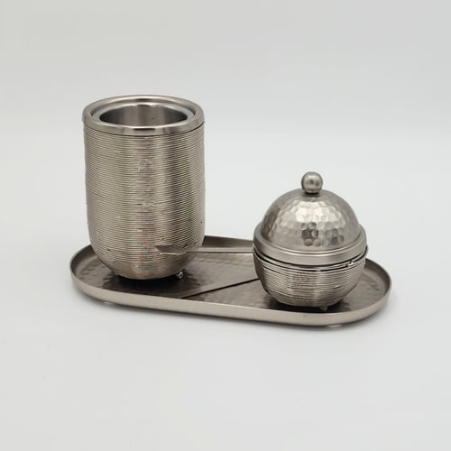 طقم مبخرة وعلبة عود وصينية ستيل فضي بتصميم خطوط مت...