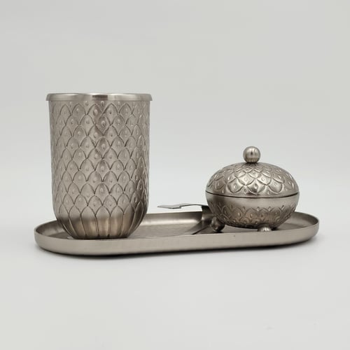 طقم تقديم بخور ستيل فضي مع ملقاط وصينية وعلبة بخور...