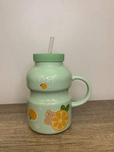 كوب زجاج مغ غطاء ومصاص زجاجي