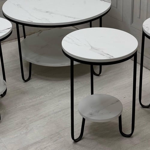 طقم طاولات +4طاولات خدمة بسطح خشبي أبيض بديل رخام-...