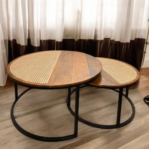 طقم طاولتين متداخلتين راتان وخشب