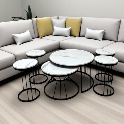 طقم طاولات + 4 طاولات خدمة بسطح خشبي أبيض بديل رخا...