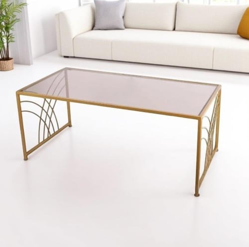 طقم طاولة تقديم لون ذهبي سطح زجاج بني شفاف