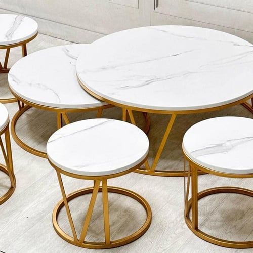 طقم طاولة ارضي 8 قطع سطح خشب شكل رخام