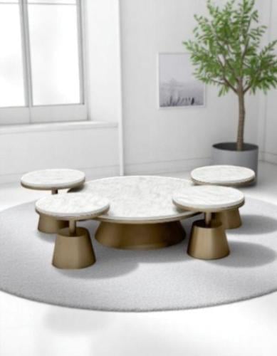 طقم طاولة أرضي 5قطع سطح خشب شكل رخام