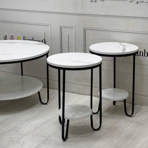 طقم طاولات +4طاولات خدمة بسطح خشبي أبيض بديل رخام-...