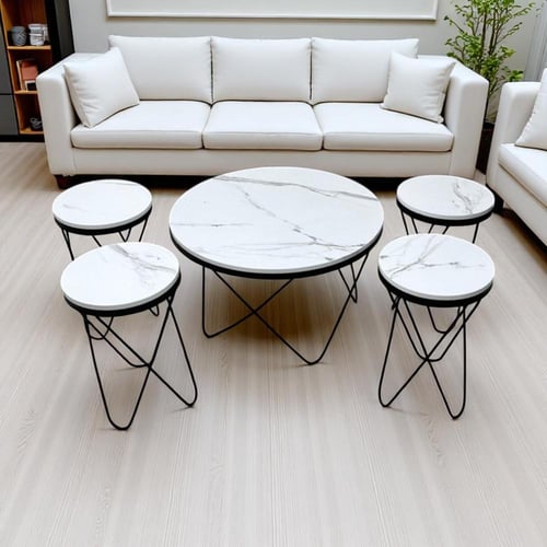 طقم طاولات 1+4 بسطح خشب لون أبيض شبيه الرخام
