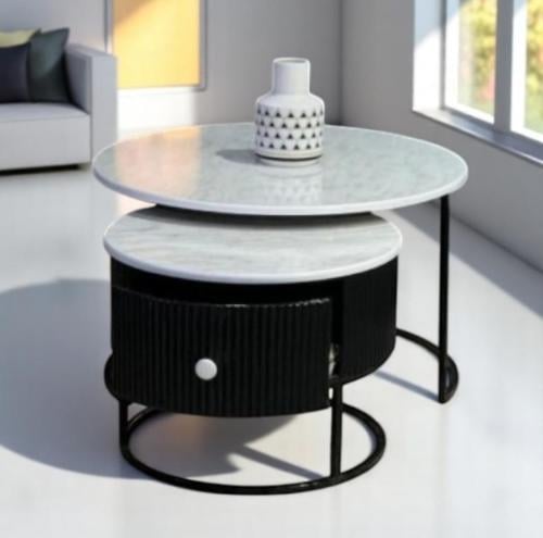 طقم طاولتين بدرج أسود سطح خشب شكل رخام