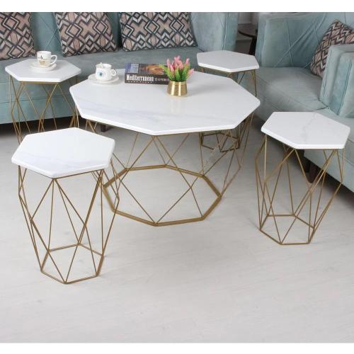 طقم طاولات متداخلة لون ذهبي 5 قطع بسطح شبيه الرخام