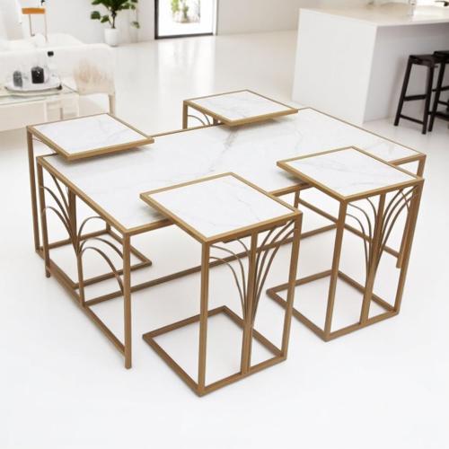 طقم طاولات ذهبي بسطح سيراميك :١٢٠×٦٠×٥٠ + ٣٥×٣٥×٥٣