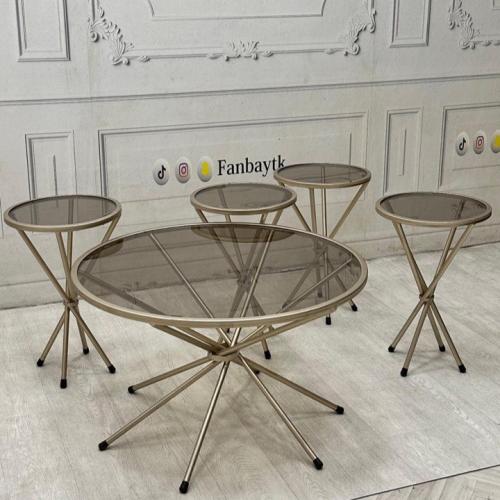 طقم طاولة بيضاوي دورين 5 قطع سطح خشب زجاج عسلي