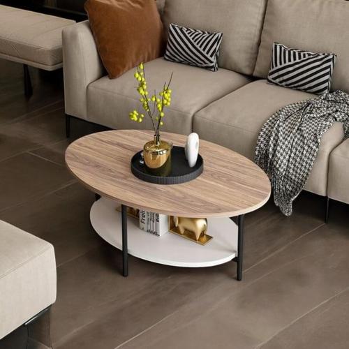 طاولة قهوة ستيل و خشب ام دي اف بيج و أبيض - 50 × 6...
