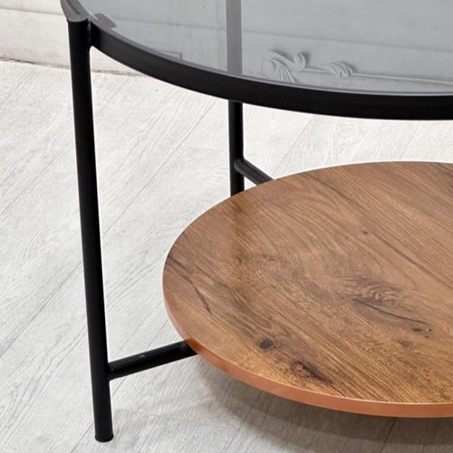 طاولة قهوة حديد ستيل و زجاج و ام دي اف بني وأسود -...