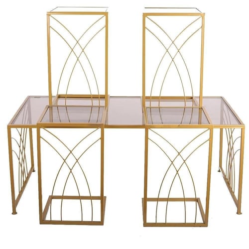 طقم طاولة تقديم لون ذهبي سطح زجاج بني شفاف