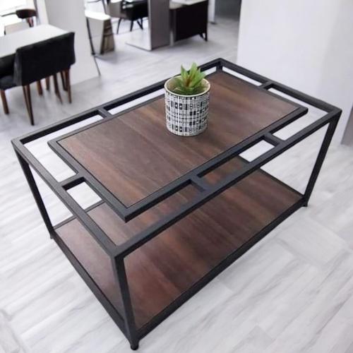 طاولة قهوة ستيل و خشب ام دي اف أسود وبني - 50 × 60...