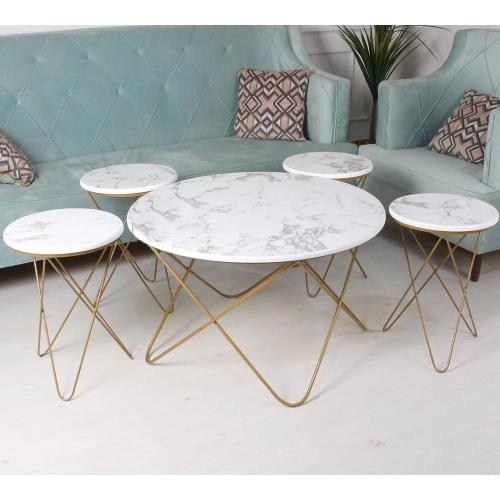 طقم طاولات + 4 طاولات خدمة بسطح خشبي أبيض بديل رخا...