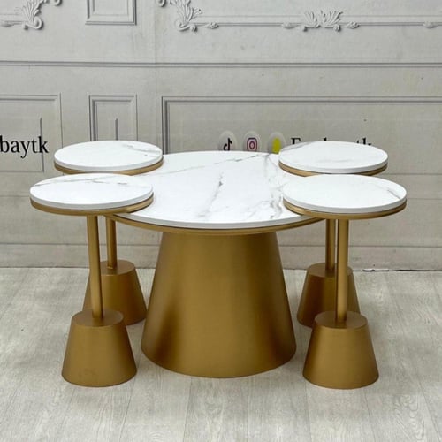 طقم طاولة صاج ذهبي 5 قطع سطح خشب شكل رخام