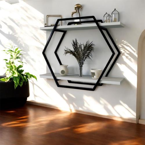 رف جداري SHRAF-H15 اطار معدني وخشب ابيض