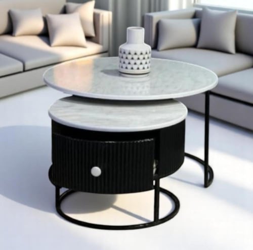 طقم طاولتين بدرج أسود سطح خشب شكل رخام