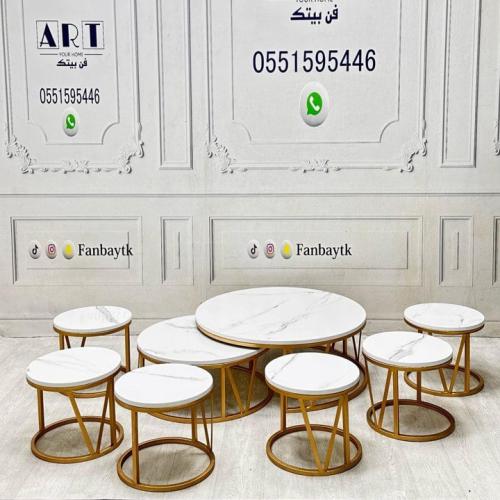 طقم طاولة ارضي 8 قطع سطح خشب شكل رخام