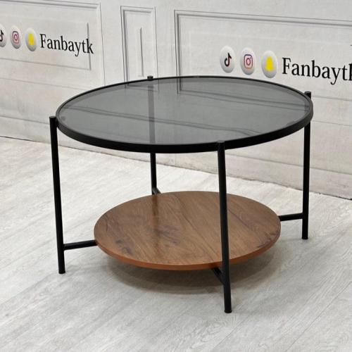طاولة قهوة حديد ستيل و زجاج و ام دي اف بني وأسود -...
