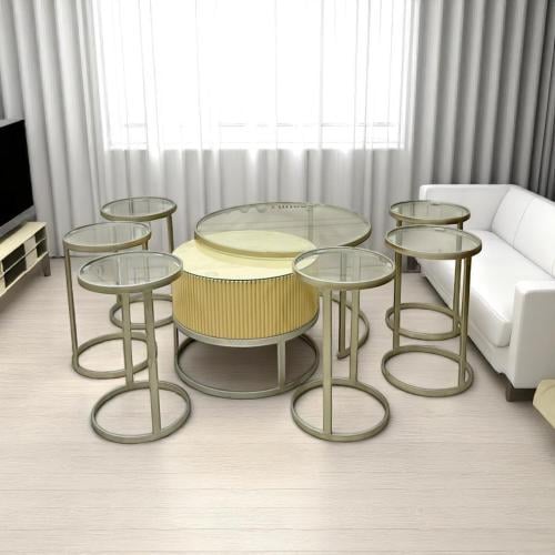 طقم طاولتين متداخلة مع 6 خدمة خشب سنديان