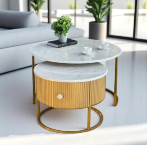 طقم طاولتين بدرج ذهبي سطح خشب شكل رخام