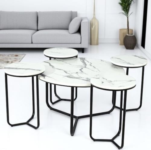 طقم طاولة تقديم مع 4 طاولات خدمة لون اسود سطح خشب