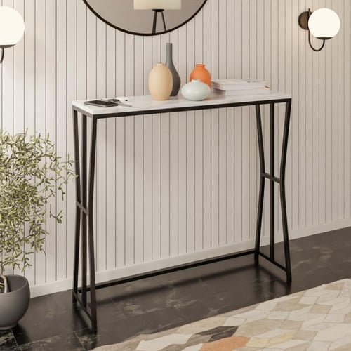 طاولة مدخل حديد و خشب رخامي 100×30×90 سم - أسود وأ...